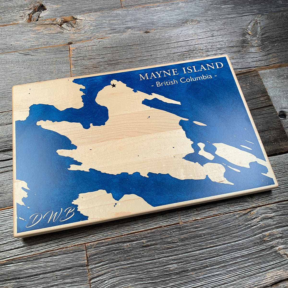 Epoxy map of Mayne Island, British Columbia, Canada, handmade by Keyway