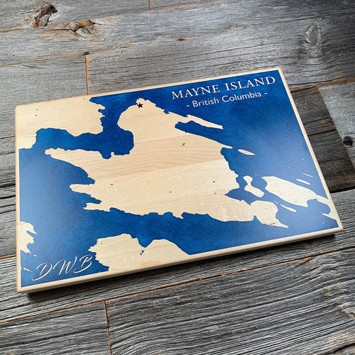 Epoxy map of Mayne Island, British Columbia, Canada, handmade by Keyway