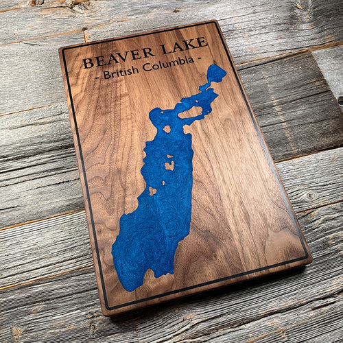 Epoxy map of Beaver Lake, British Columbia, Canada, handmade by Keyway