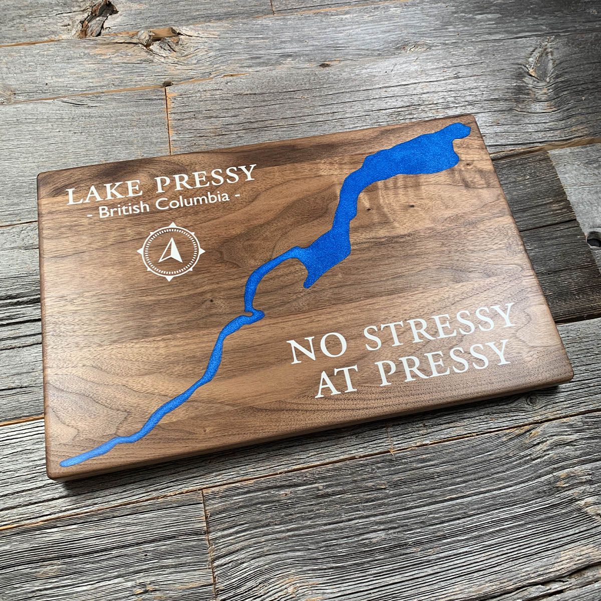 Epoxy map of Lake Pressy, Cariboo, British Columbia, Canada, handmade by Keyway