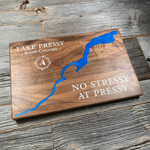 Epoxy map of Lake Pressy, Cariboo, British Columbia, Canada, handmade by Keyway