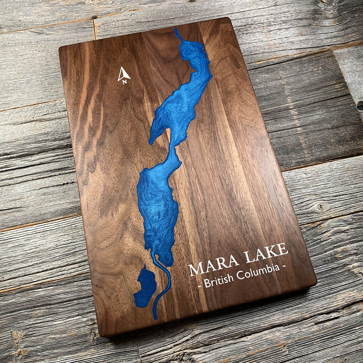 Epoxy map of Mara Lake, Shuswap, British Columbia, Canada, handmade by Keyway