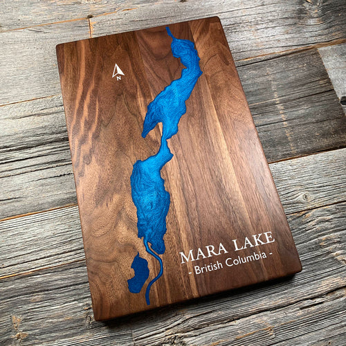 Epoxy map of Mara Lake, Shuswap, British Columbia, Canada, handmade by Keyway
