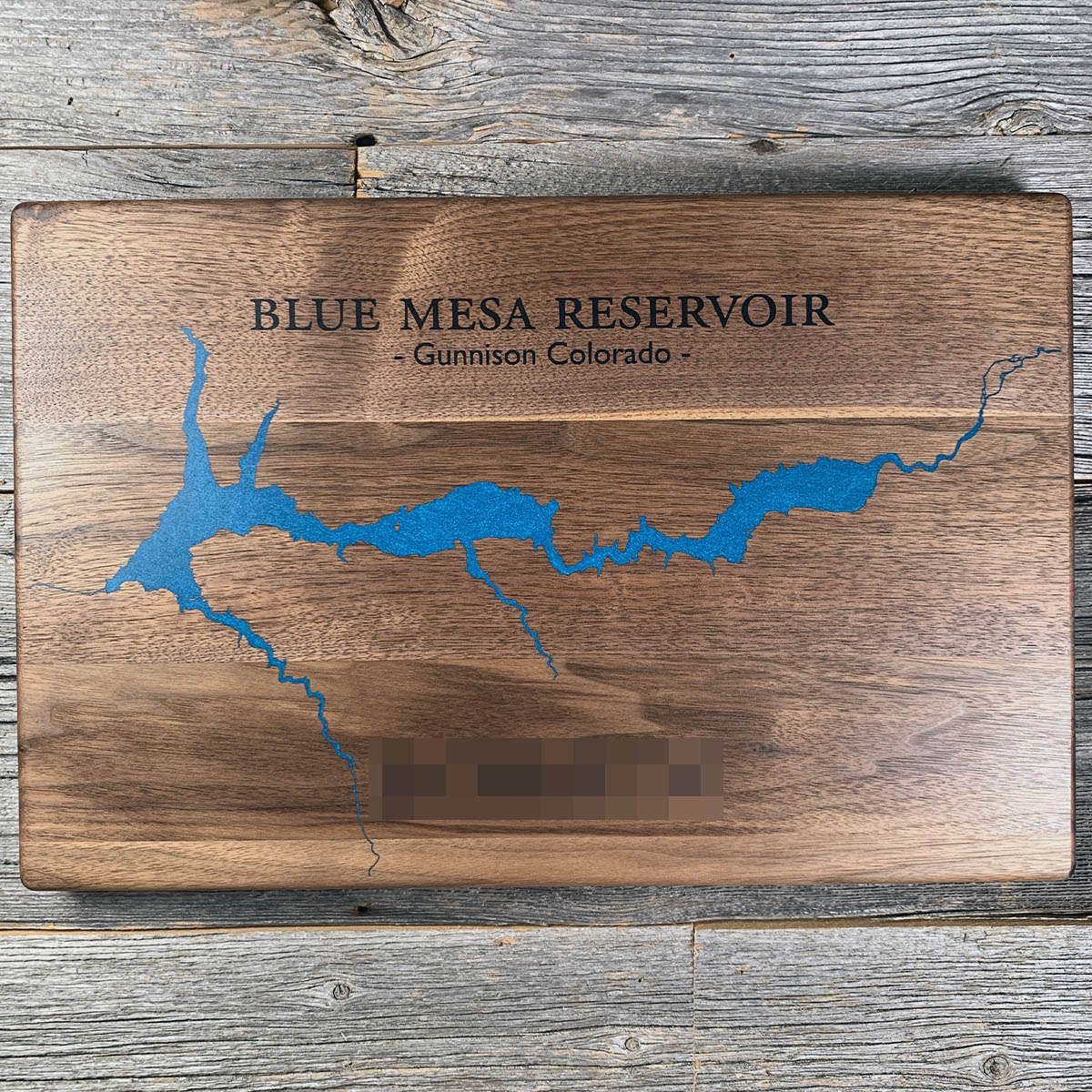 Epoxy map of Blue Mesa Reservoir, Gunnison, Colorado, USA, handmade by Keyway
