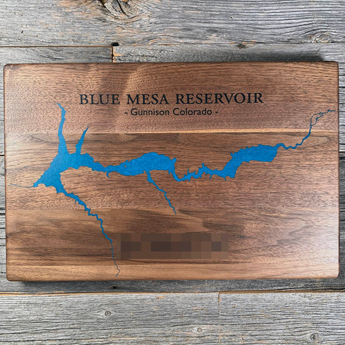 Epoxy map of Blue Mesa Reservoir, Gunnison, Colorado, USA, handmade by Keyway