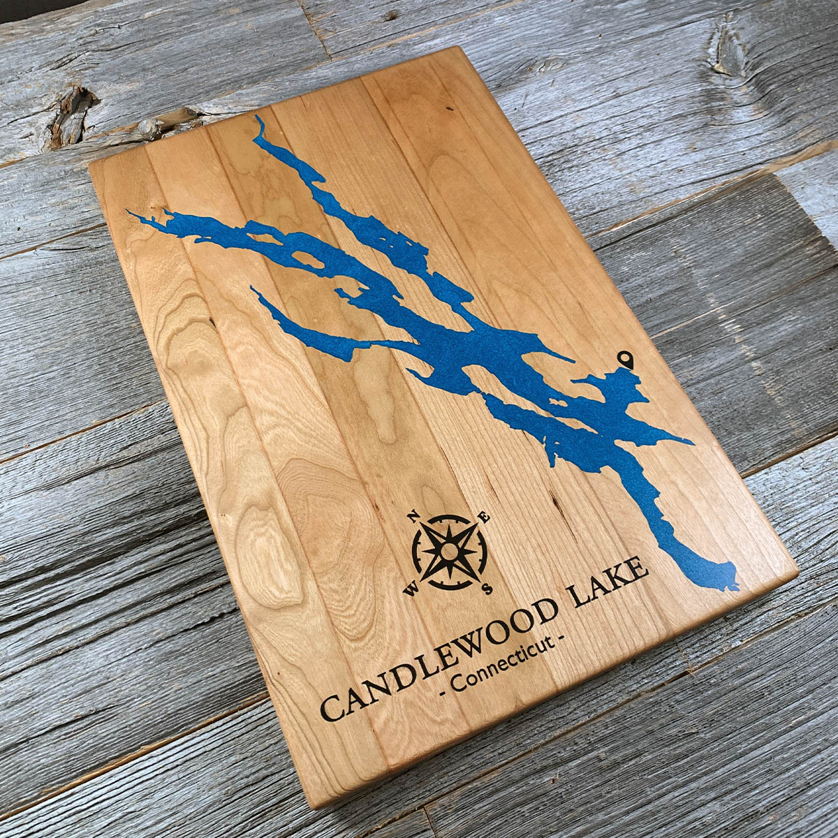 Epoxy map of Candlewood Lake, Danbury, Connecticut, USA, handmade by Keyway