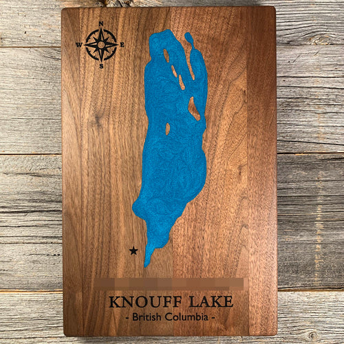 Epoxy map of Knouff Lake, Kamloops, British Columbia, Canada, handmade by Keyway