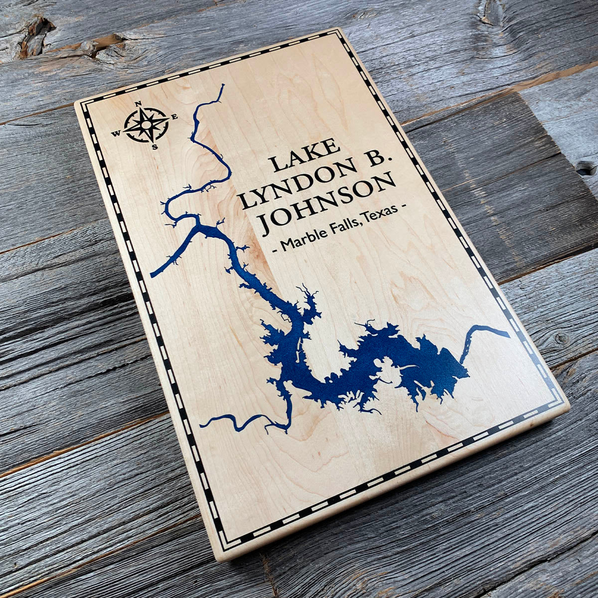 Epoxy map of Lake Lyndon B. Johnson, Marble Falls, Texas, USA, handmade by Keyway
