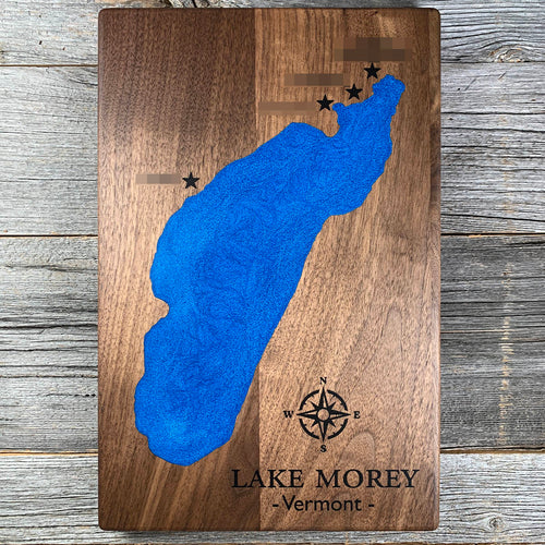 Epoxy map of Lake Morey, Upper Valley, Vermont, USA, handmade by Keyway