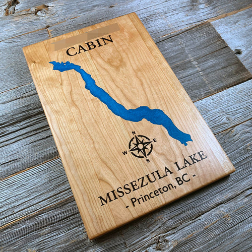 Epoxy map of Missezula Lake, Princeton, British Columbia, Canada, handmade by Keyway