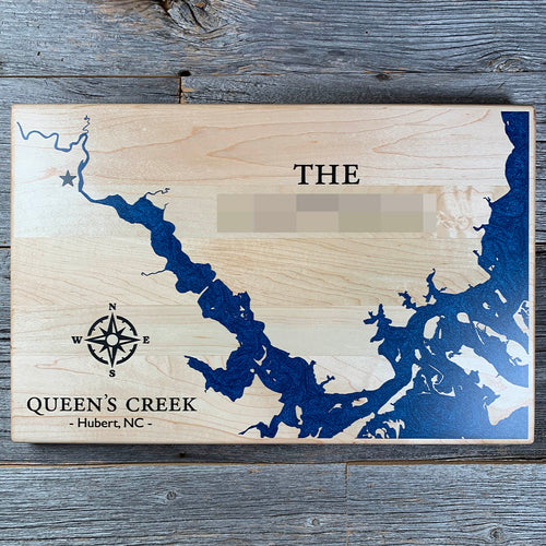 Epoxy map of Queen's Creek, Hubert, North Carolina, USA, handmade by Keyway