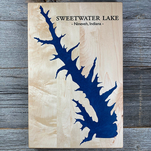 Epoxy map of Sweetwater Lake, Nineveh, Indiana, USA, handmade by Keyway
