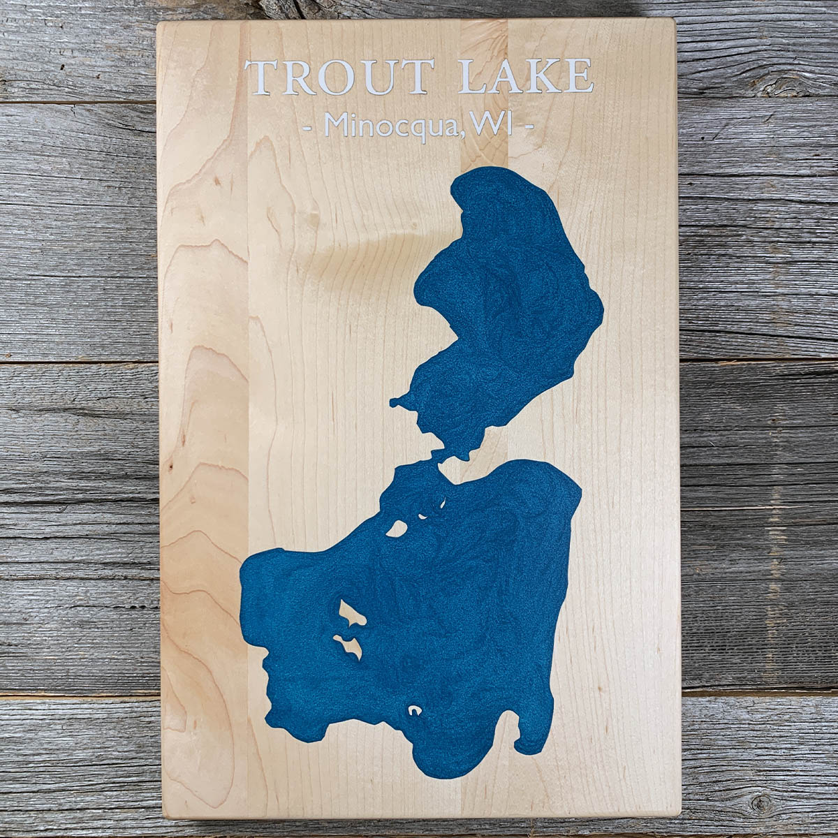 Epoxy map of Trout Lake, Minocqua, Wisconsin, USA, handmade by Keyway