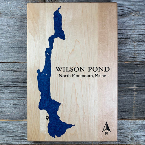 Epoxy map of Wilson Pond, North Monmouth, Maine, USA, handmade by Keyway