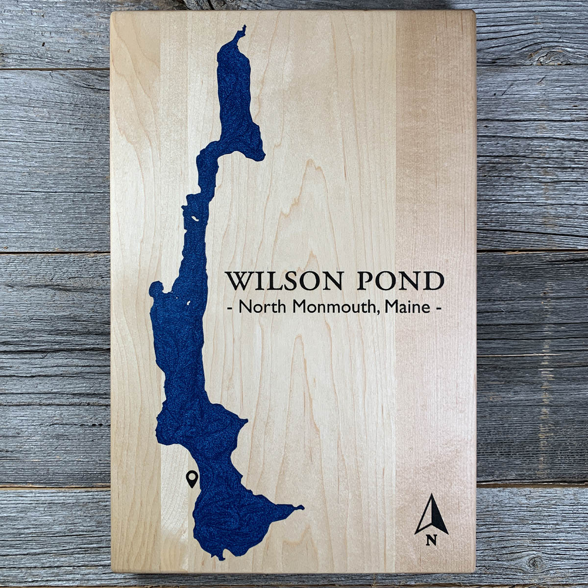 Epoxy map of Wilson Pond, North Monmouth, Maine, USA, handmade by Keyway