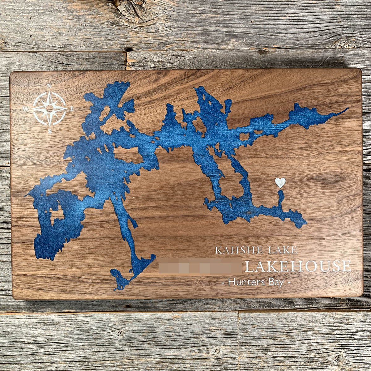 Epoxy map of Kahshe Lake, Gravenhurst, Ontario, Canada, handmade by Keyway