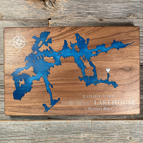 Epoxy map of Kahshe Lake, Gravenhurst, Ontario, Canada, handmade by Keyway