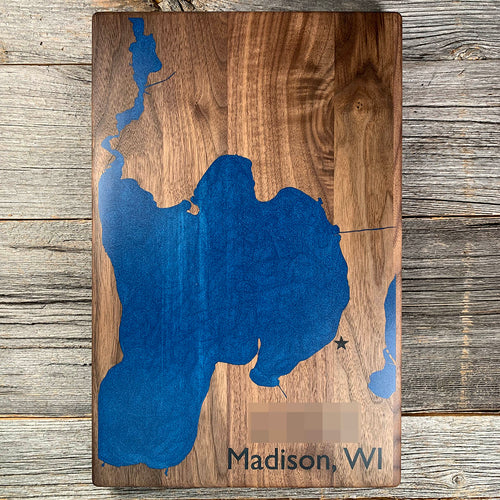 Epoxy map of Lake Mendota, Madison, Wisconsin, USA, handmade by Keyway