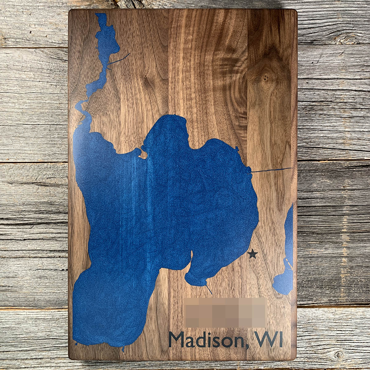 Epoxy map of Lake Mendota, Madison, Wisconsin, USA, handmade by Keyway