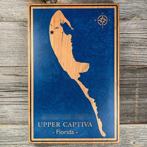 Epoxy map of Upper Captiva Island, Lee County, Florida, USA, handmade by Keyway