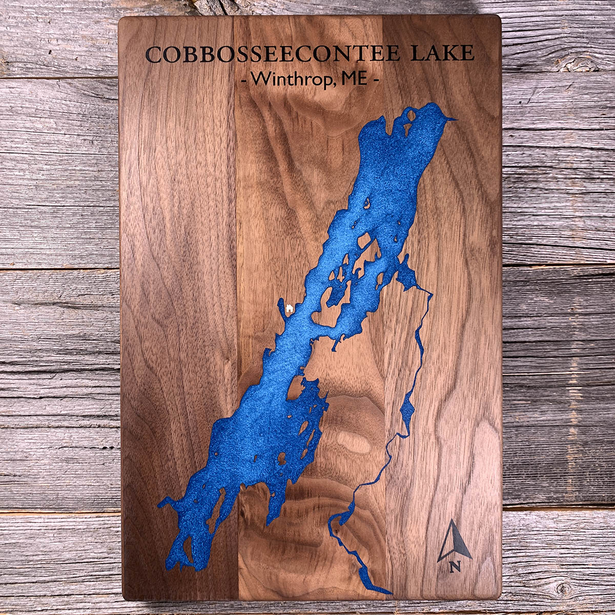 Epoxy map of Cobbosseecontee Lake, Winthrop, Maine, USA, handmade by Keyway