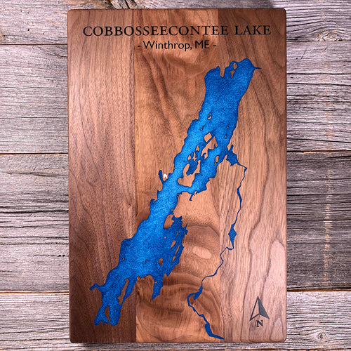 Epoxy map of Cobbosseecontee Lake, Winthrop, Maine, USA, handmade by Keyway