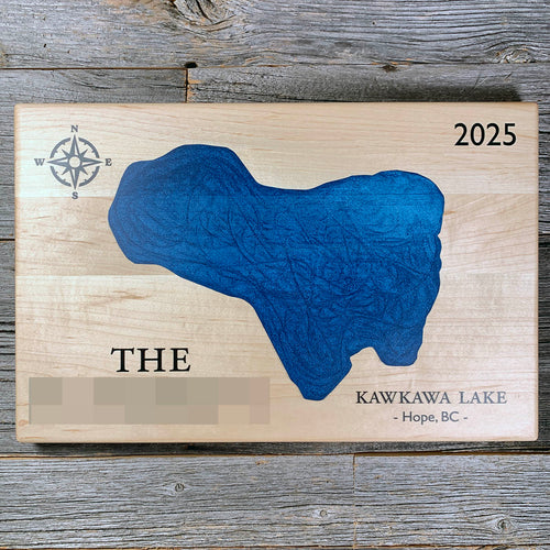 Epoxy map of Kawkawa Lake, Hope, British Columbia, Canada, handmade by Keyway