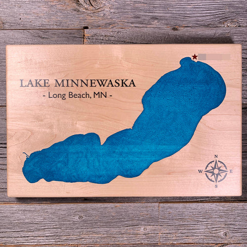 Epoxy map of Lake Minnewaska, Long Beach, Minnesota, USA, handmade by Keyway