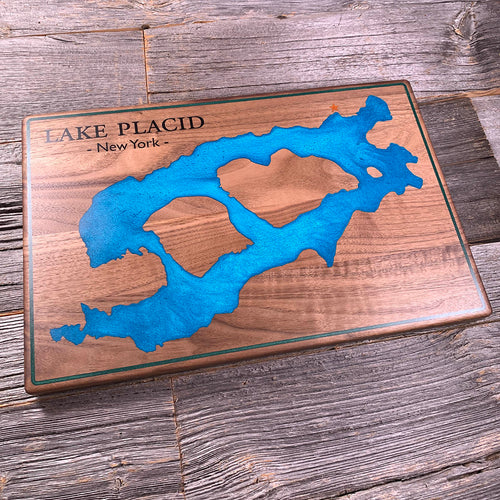 Epoxy map of Lake Placid, Adirondacks, New York, USA, handmade by Keyway
