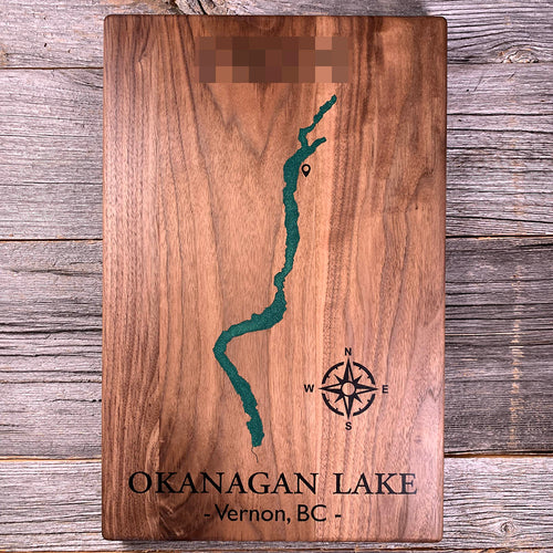 Epoxy map of Okanagan Lake, Vernon, British Columbia, Canada, handmade by Keyway