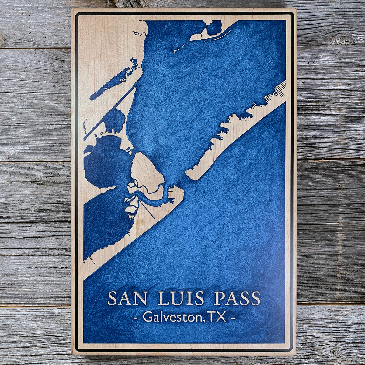 Epoxy map of San Luis Pass, Galveston, Texas, USA, handmade by Keyway