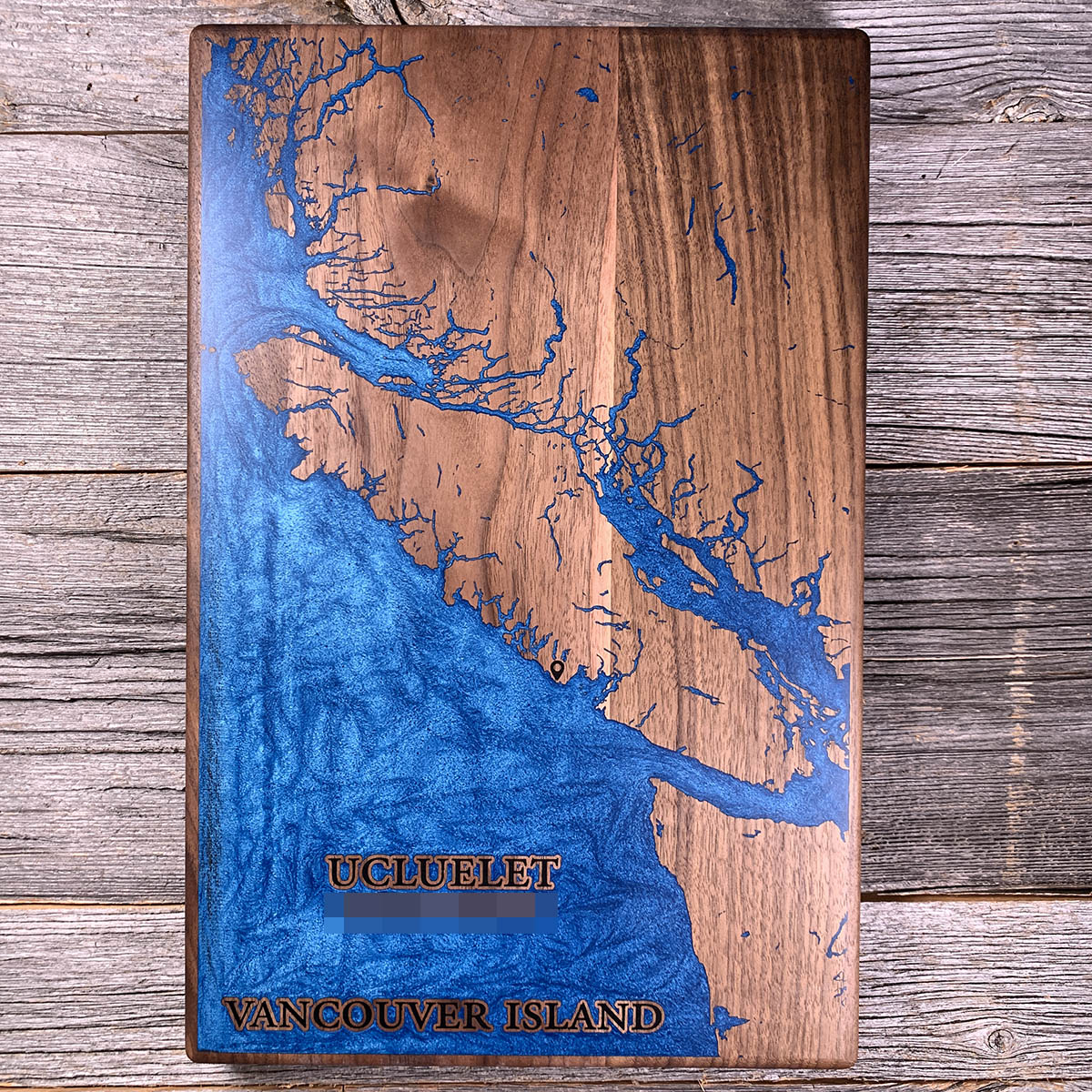 Epoxy map of Ucluelet, Vancouver Island, British Columbia, Canada, handmade by Keyway
