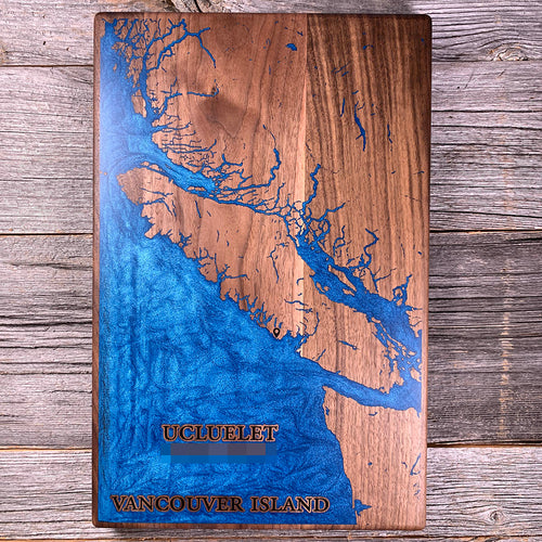 Epoxy map of Ucluelet, Vancouver Island, British Columbia, Canada, handmade by Keyway