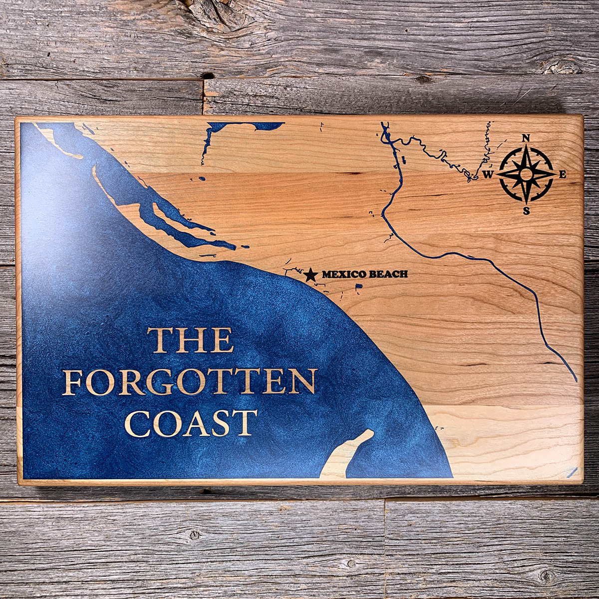 Epoxy map of Forgotten Coast, Panhandle, Florida, USA, handmade by Keyway