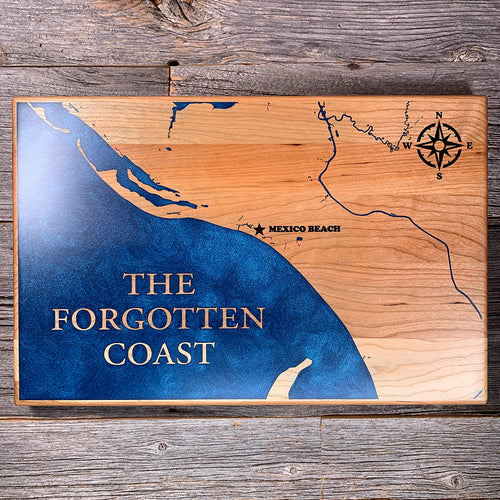 Epoxy map of Forgotten Coast, Panhandle, Florida, USA, handmade by Keyway