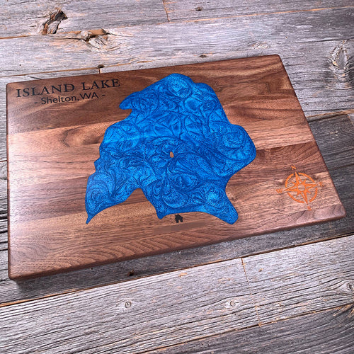 Epoxy map of Island Lake, Shelton, Washington, USA, handmade by Keyway