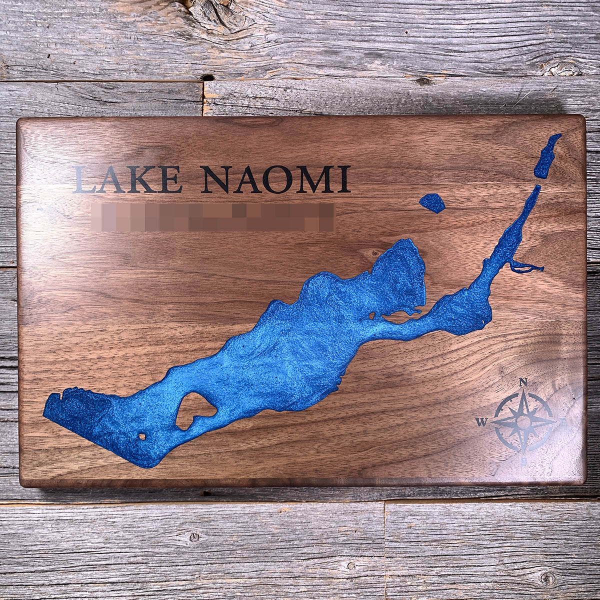 Epoxy map of Lake Naomi, Pocono Pines, Pennsylvania, USA, handmade by Keyway