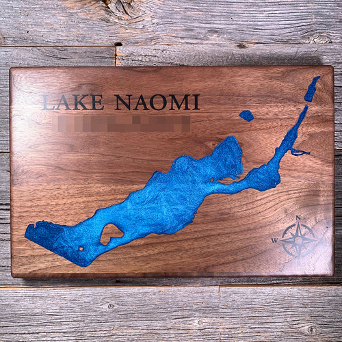 Epoxy map of Lake Naomi, Pocono Pines, Pennsylvania, USA, handmade by Keyway