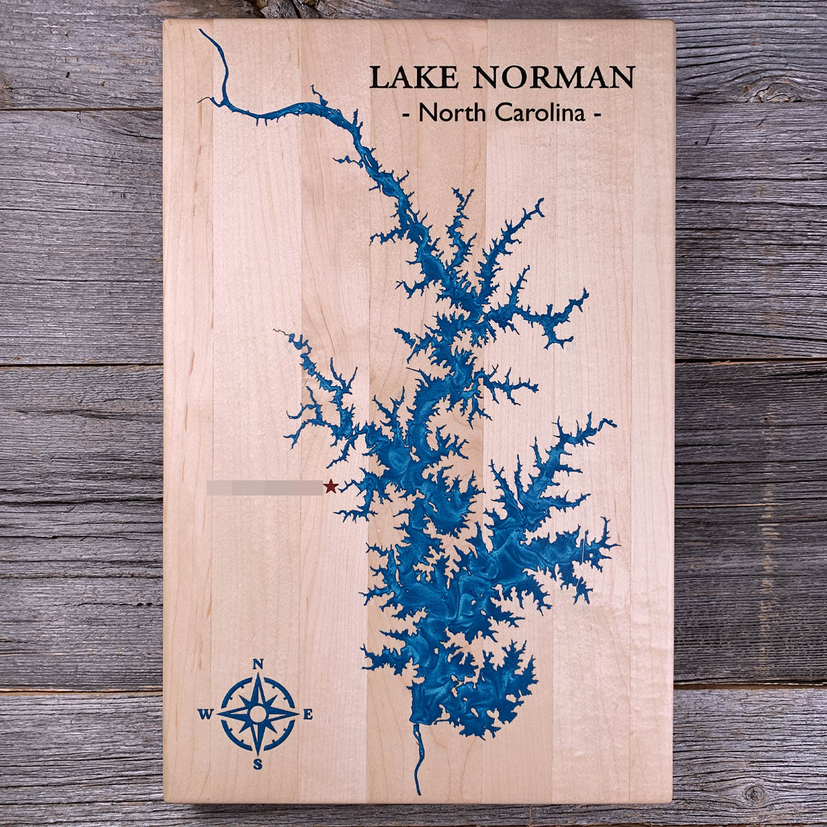 Epoxy map of Lake Norman, Mooresville, North Carolina, USA, handmade by Keyway