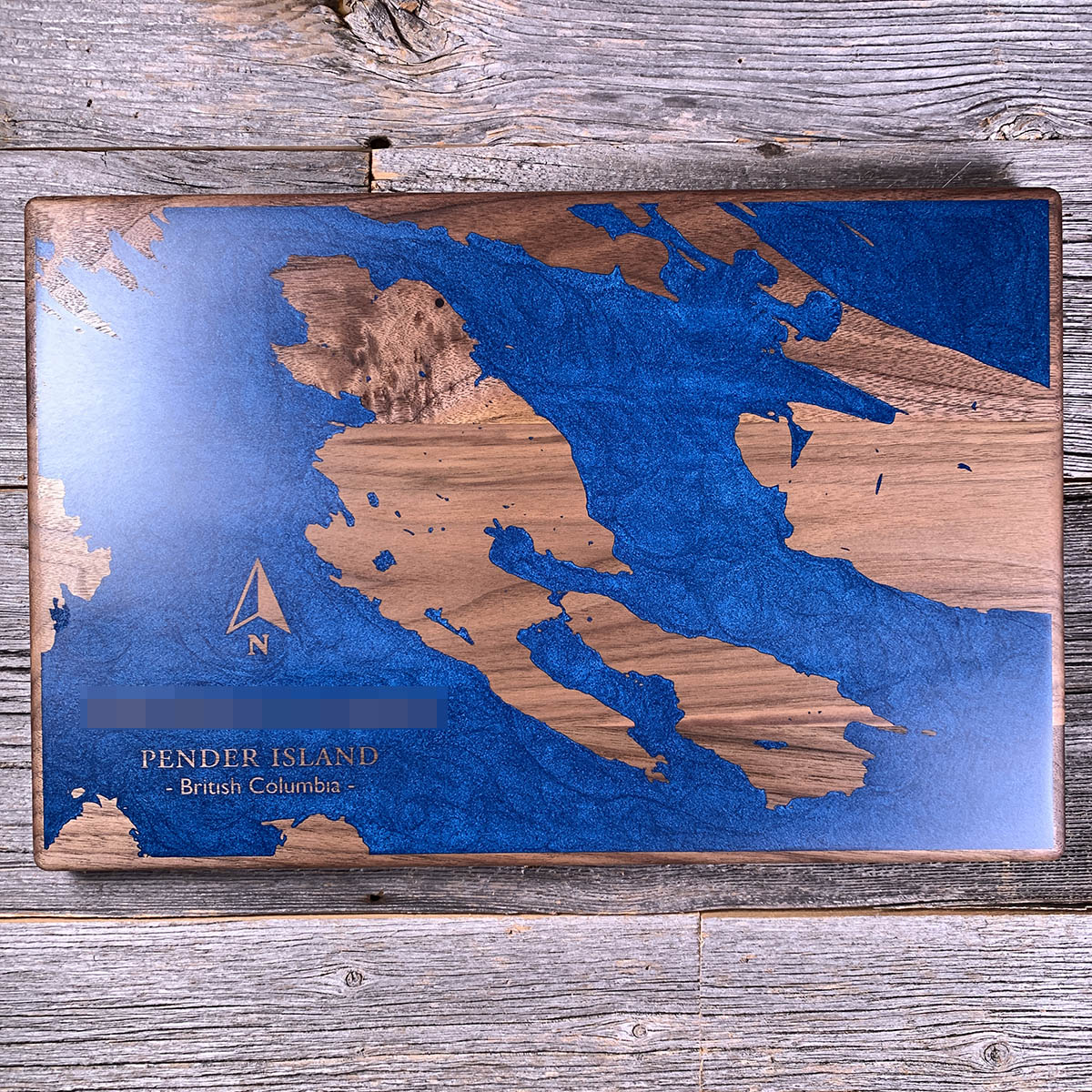 Epoxy map of Pender Island, Gulf Islands, British Columbia, Canada, handmade by Keyway