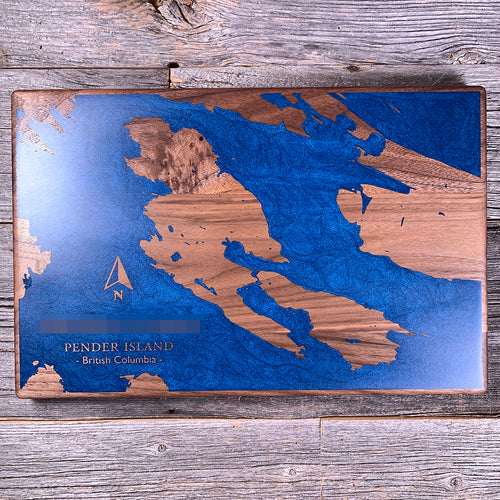 Epoxy map of Pender Island, Gulf Islands, British Columbia, Canada, handmade by Keyway
