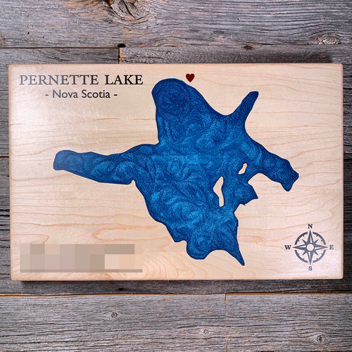 Epoxy map of Pernette Lake, Lunenburg County, Nova Scotia, Canada, handmade by Keyway