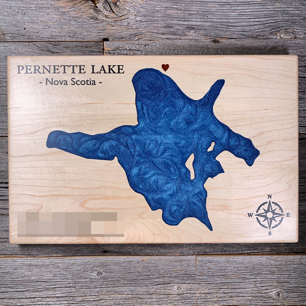 Epoxy map of Pernette Lake, Lunenburg County, Nova Scotia, Canada, handmade by Keyway