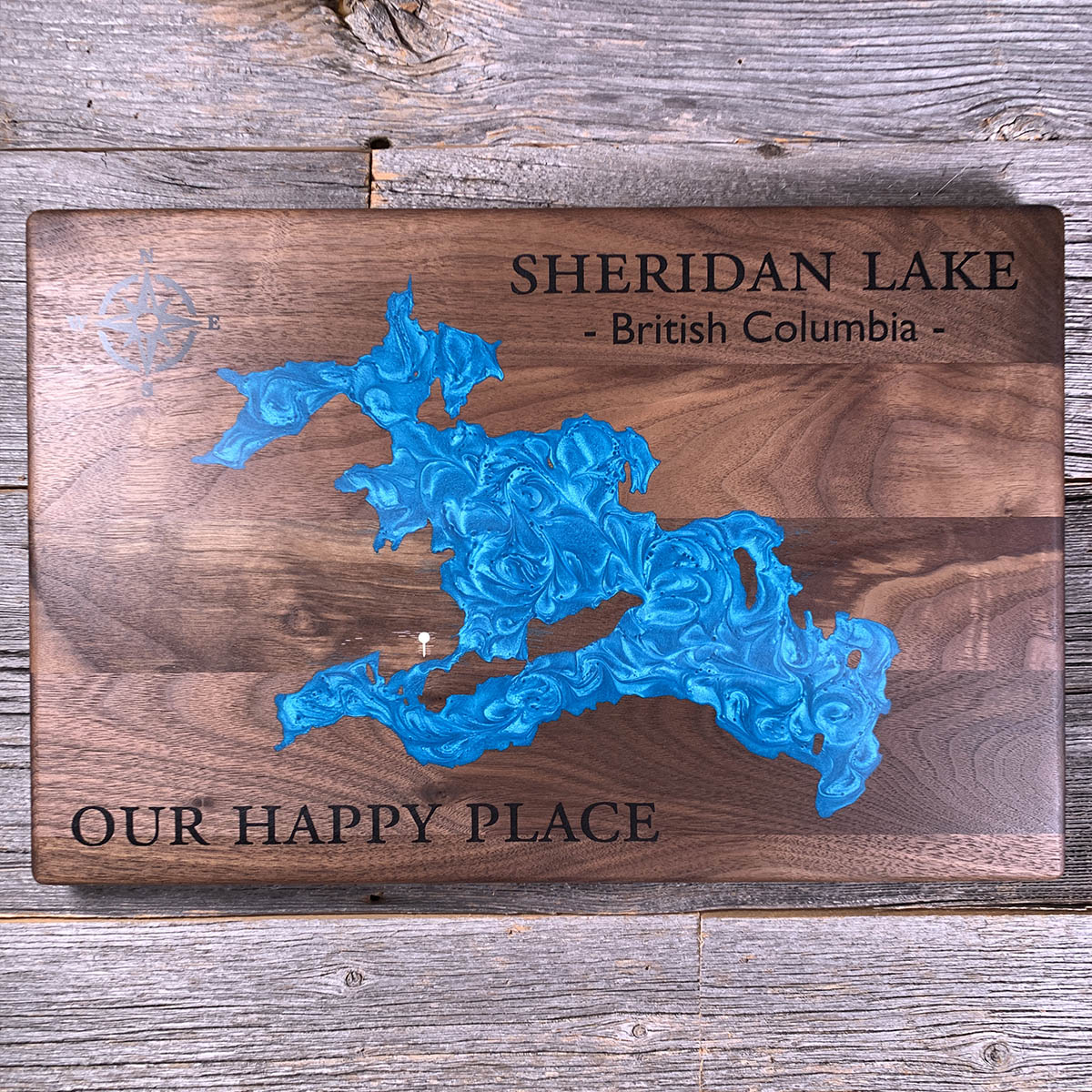 Epoxy map of Sheridan Lake, South Cariboo, British Columbia, Canada, handmade by Keyway