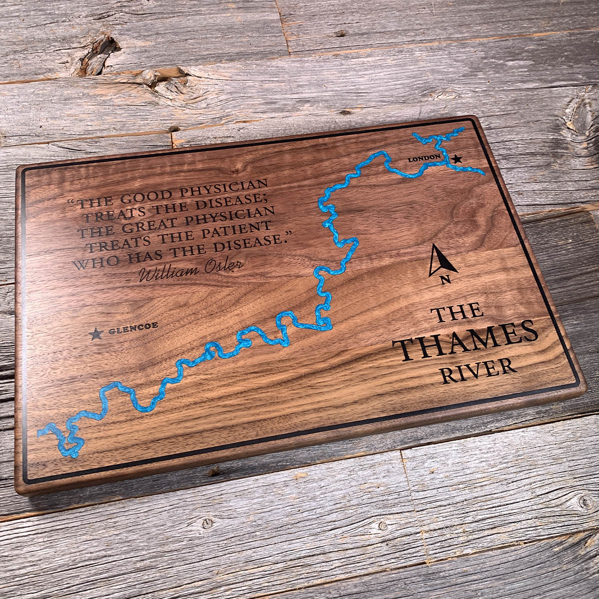 Epoxy map of Thames River, London, Ontario, Canada, handmade by Keyway