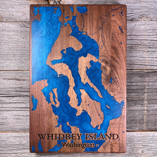 Epoxy map of Whidbey Island, Puget Sound, Washington, USA, handmade by Keyway