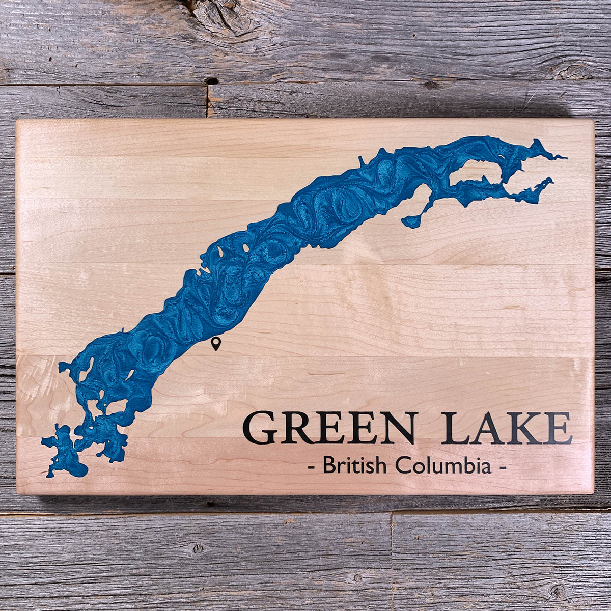 Epoxy map of Green Lake, South Cariboo, British Columbia, Canada, handmade by Keyway