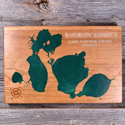 Epoxy map of Lake Conway, Orlando, Florida, USA, handmade by Keyway