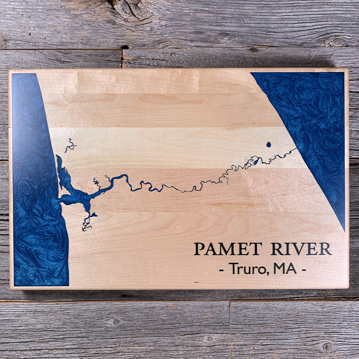 Epoxy map of Pamet River, Truro, Massachusetts, USA, handmade by Keyway