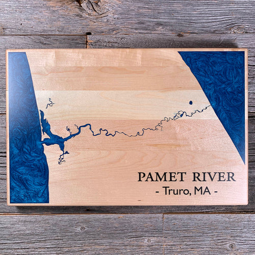 Epoxy map of Pamet River, Truro, Massachusetts, USA, handmade by Keyway